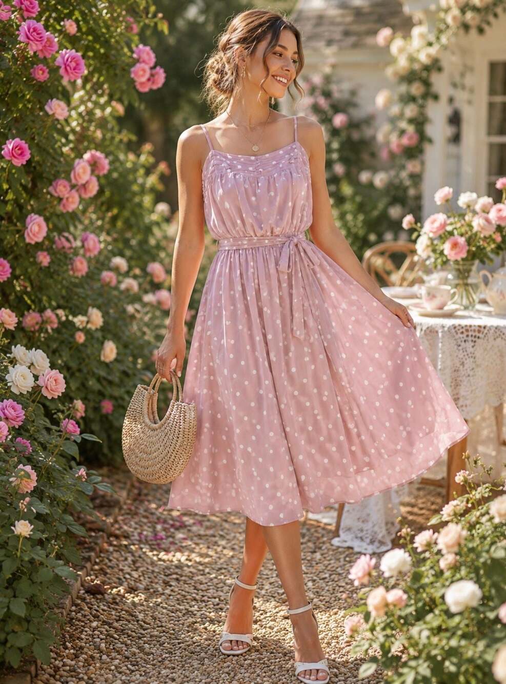 June & Hudson Mauve Pink Polka Dot Midi Sundress Size M Cottagecore Coquette